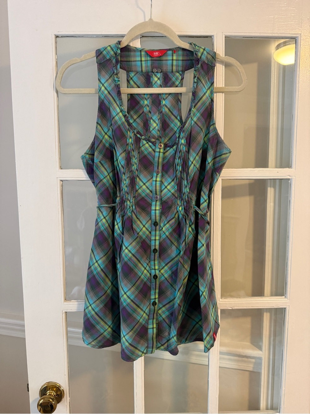 Y2K Plaid Button-Front Sleeveless Tunic in Teal & Purple